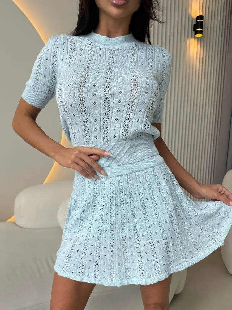 Women's Summer Knited 2 Pieces Sets Suit Hollow Out Short Sleeve Sweater Tops And Skirt Beach Holiday Matching Sets Outfit 2026
