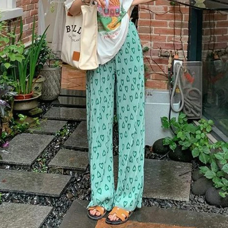 Women Korean Fashion Printed Streetwear Sweet Pleated Wide Leg Pants Summer Female High Waist Loose Straight Trousers Pantalones