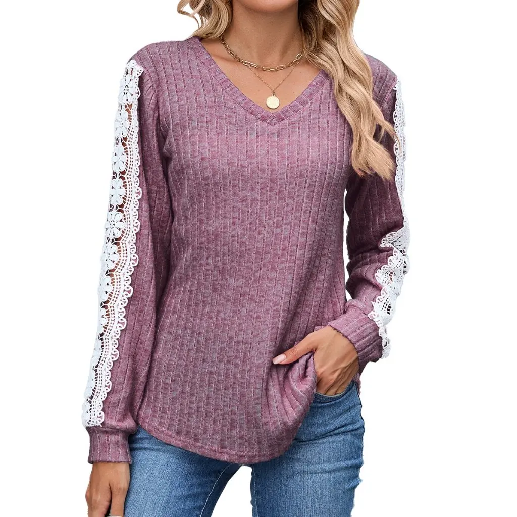 

Women's V Neck Long-Sleeved T-Shirt Loose Fit Lace Contrasting Top for Autumn Winter European American Export