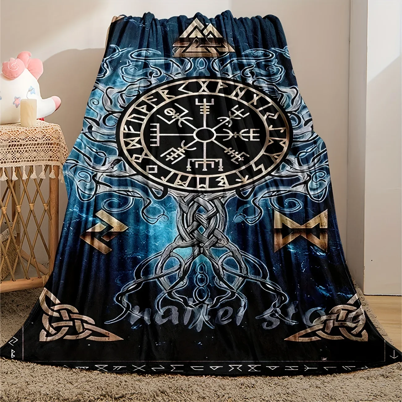 Nordic Rune Nautical Blanket Viking Compass Celtic Knot Mystic Totem Living Room Bedroom Nautical Theme Blanket