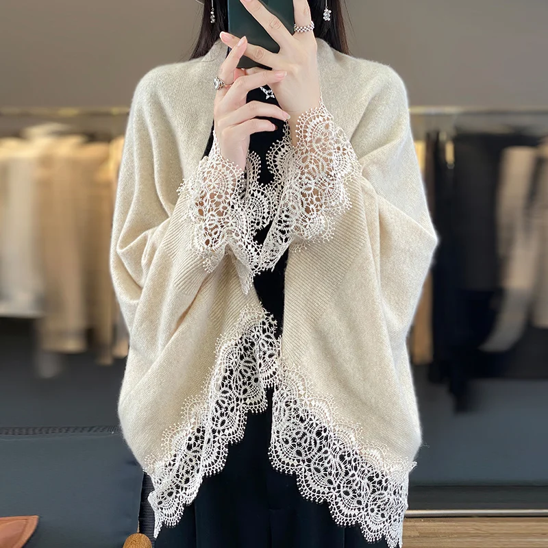 Popular Lace Edge 100% Wool Knitted Shawl Spring Autumn Thin Women\'s Soft, Skin friendly, Breathable, and Fashionable Cardigan