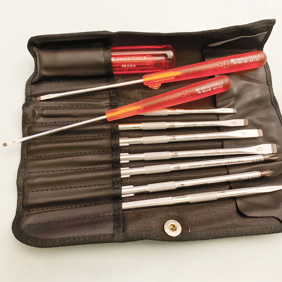 PB SWISS Tools PB 215.ind Roll-up Case Screwdriver Sets(10pcs) include 1 screwdriver handle two screwdrivers 7 screwdriver bits