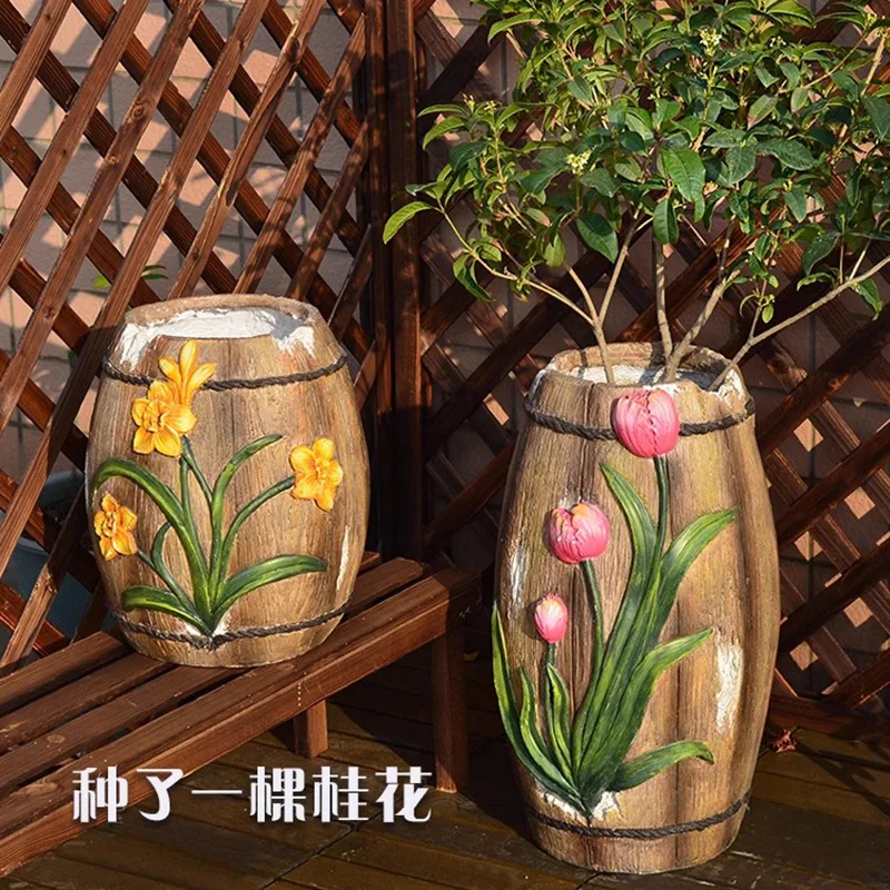 Decorative Wine Barrel Flower Planter with Tulip Design Handmade Home Garden