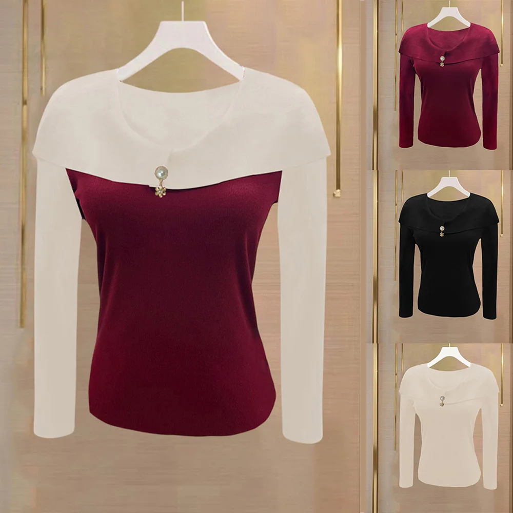 여성 니트 스웨터 V 넥 긴 소매 탑 화이트 레드 니트 스웨터 매일 사용 미세 탄성 폴리 에스터 직물
