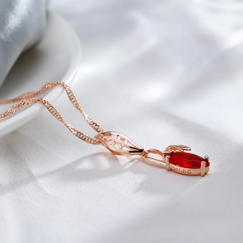 Kinel Luxury Red Natural Zircon Pendant Necklace For Women 585 Rose Gold Color Vintage Flower Wedding Party Fine Daily Jewelry