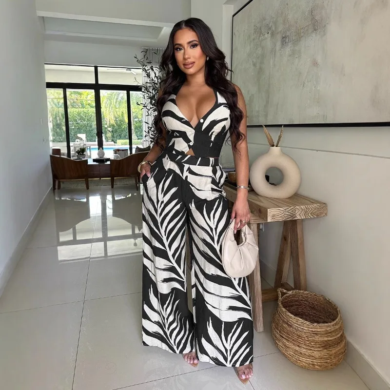 

Women Fashion Leafs Printed Loose Casual 2 Piece Set Single Breasted Lace Up Halter Backless Tank Crop Tops + Wide Leg Pants