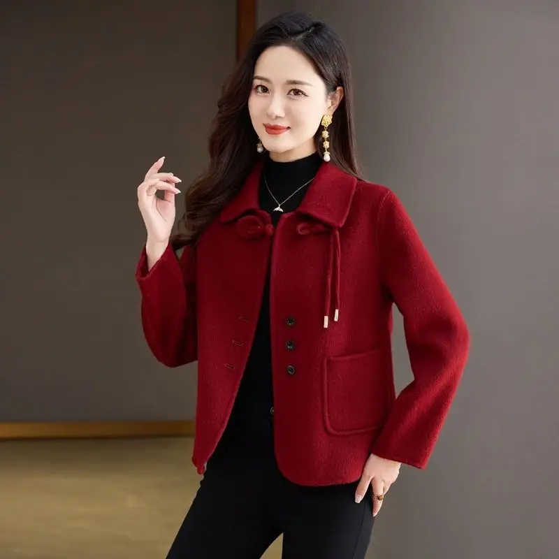 

Женское короткое шерстяное пальто винно-красного цвета 2025 года с завязкой на талии, миниатюрная осенне-зимняя уютная верхняя одежда