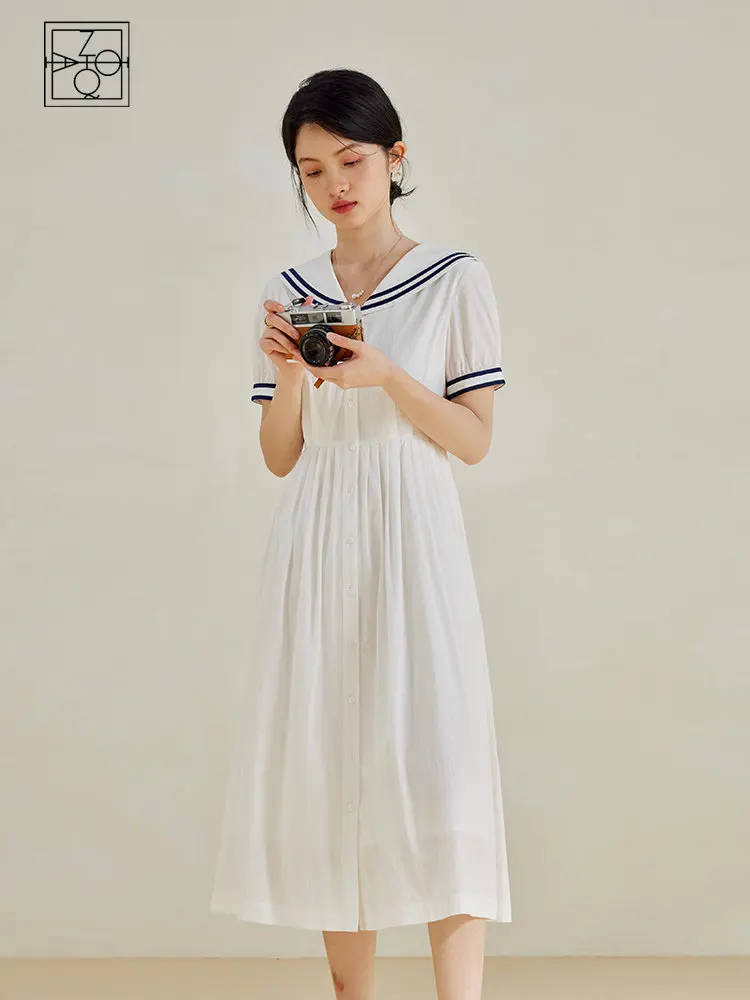 

ZIQIAO College Style Age-reducing Navy Wind Dress for Female Summer Niche Sailor Collar Waist A-line Single-breasted Dress Women