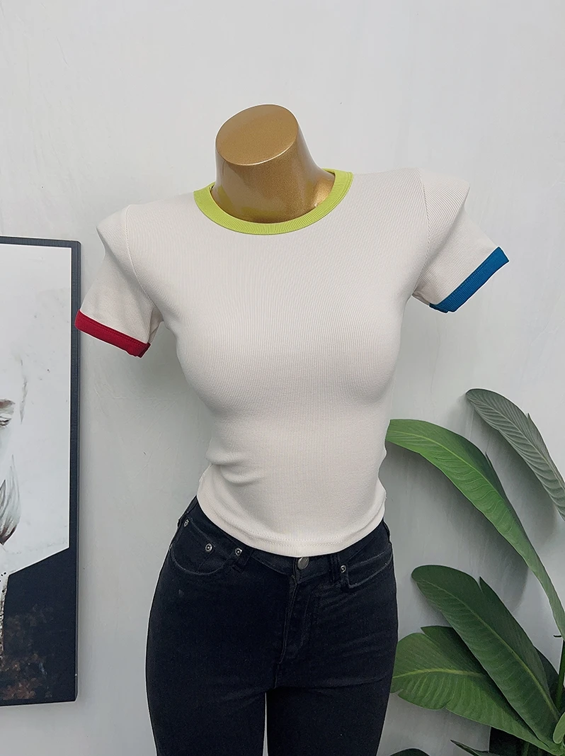 アメリカンスタイル スリムフィット ラウンドネック 半袖Tシャツ レッド イエロー ブルー ブロックカラー トップス サマー 通勤スタイル インナーウェア ベースレイヤー 1