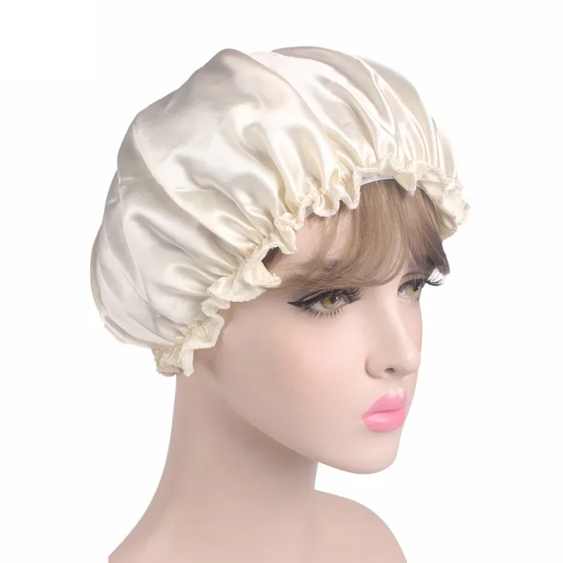 Women Silk Satin Night Sleep Cap Shower Caps Hair Care Beauty Bonnet Hat Head Cover Elastic Band Bathroom Shower Caps