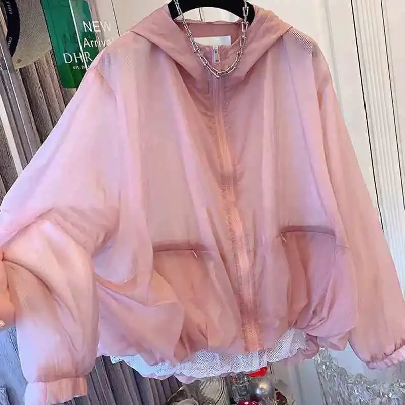 Lightweight Women Sun Protection Jacket Loose UV-Protective Breathable Cool-to-the-Touch Splice Summer Tops Coat Zip Sweatshirt