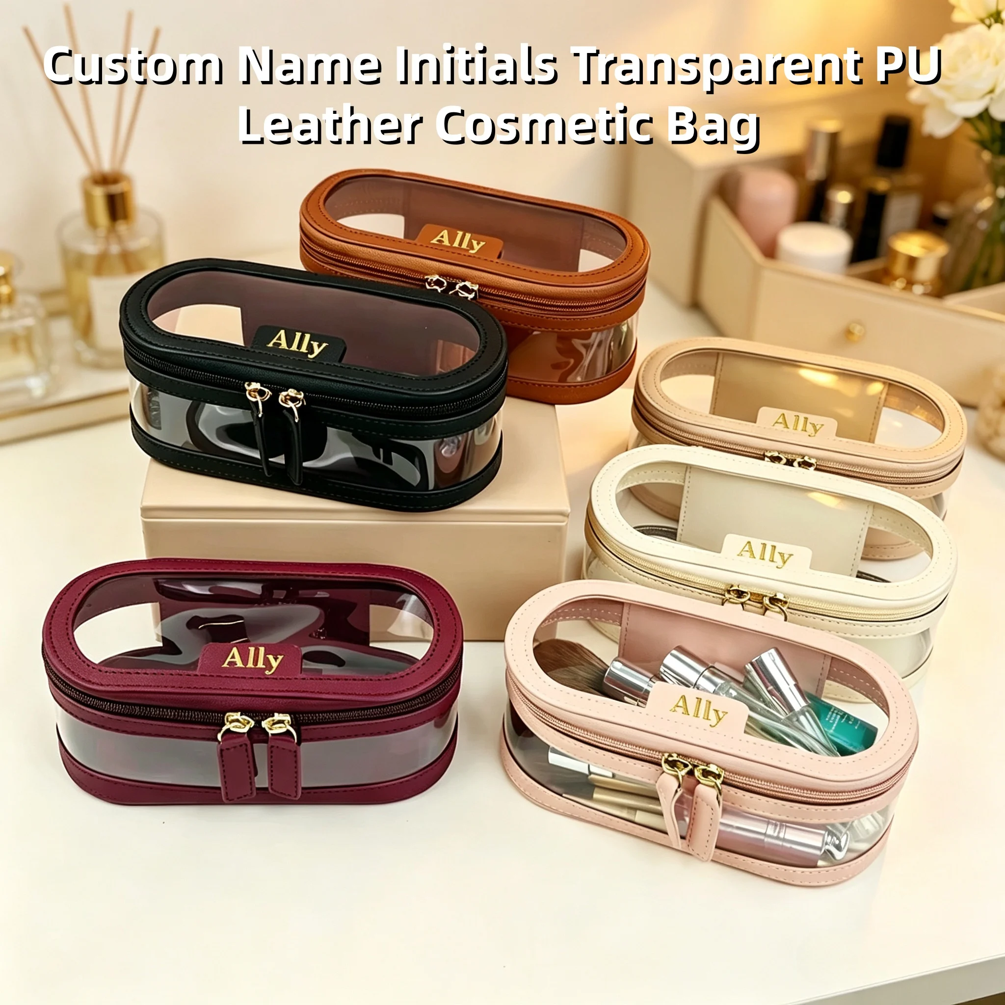 Customized Name Multi-Color PU Leather PVC Makeup and Travel Bag with Large Capacity and Waterproof Makeup Bag