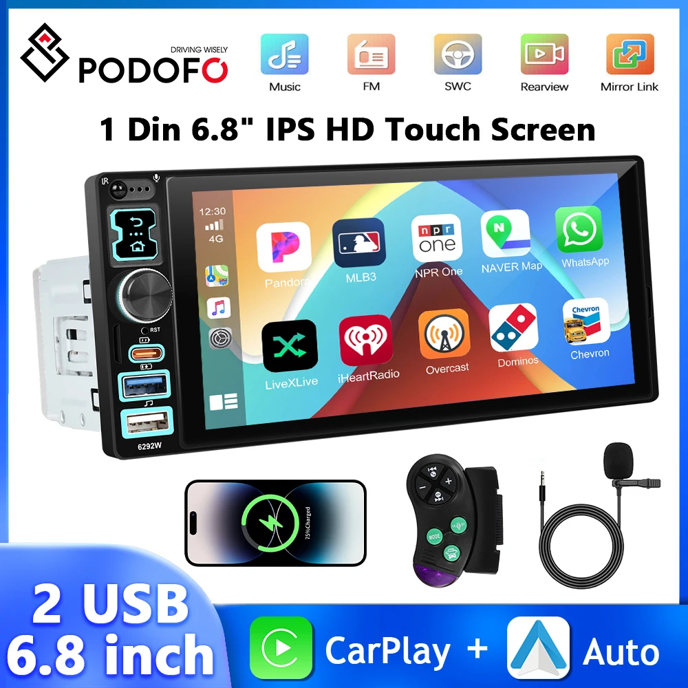 

Podofo 6,8-дюймовый MP5-плеер 1Din IPS с сенсорным экраном Автомобильная стереосистема Bluetooth FM Carplay Android Auto Type-C/USB EQ Mirror Link Авторадио