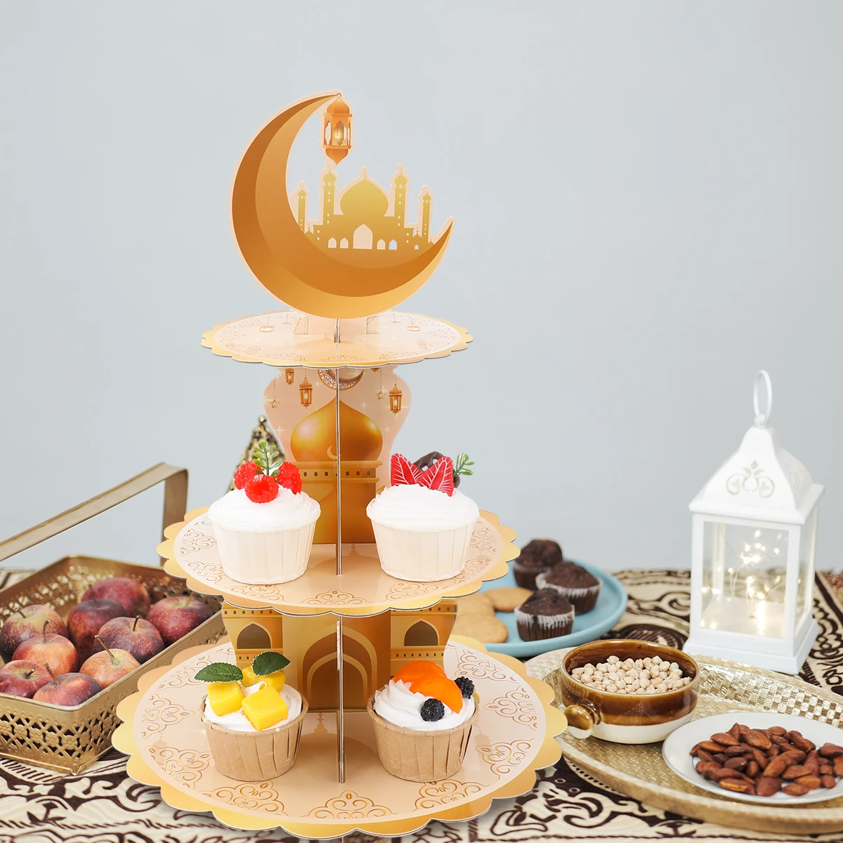 3 ชั้น Eid Mubarak กระดาษแข็งเค้กพับ Cupcake Candy ขนม Tower สีขาวทอง Eid Al-Fitr Theme party Decor