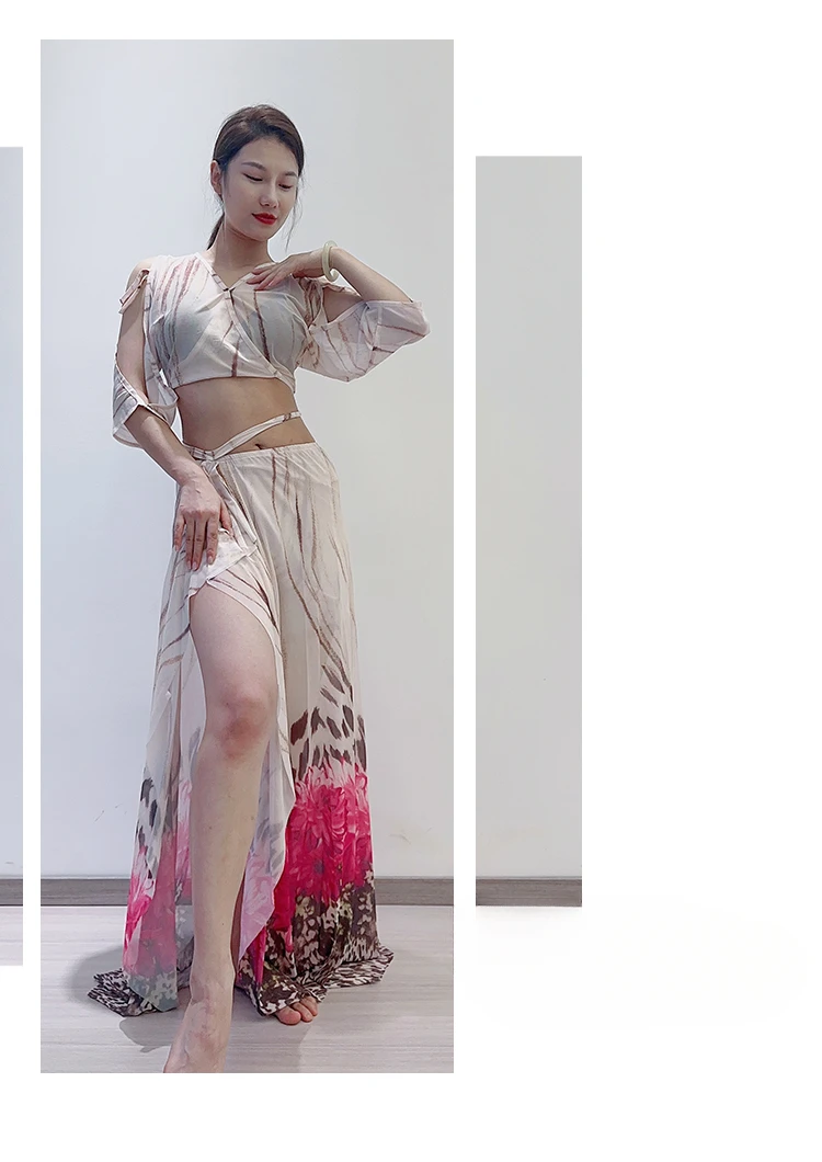 Bauchtanz Performance Kostüme Set Sexy Split Print Set Frauen Oriental Dance Professionelle Praxis Kleidung Gruppe Uniform – Detail 4