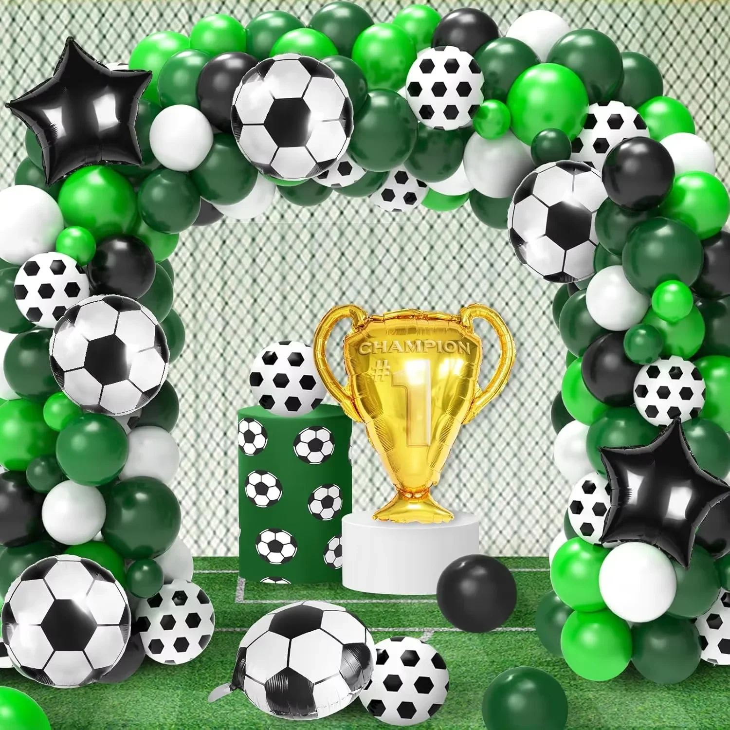 Kit de corona de globos de fútbol, 128 Uds., kit de arco de globos de látex blanco y negro para fiesta deportiva, balón de aluminio de la liga campeón de fútbol