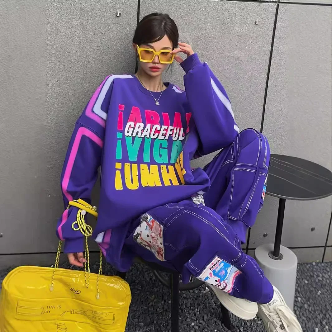 American Retro Letter Print Sweatshirts Women Spring Autumn Sweatpants Loose Leisure Sports Suit Oversized Two Pieces Suit