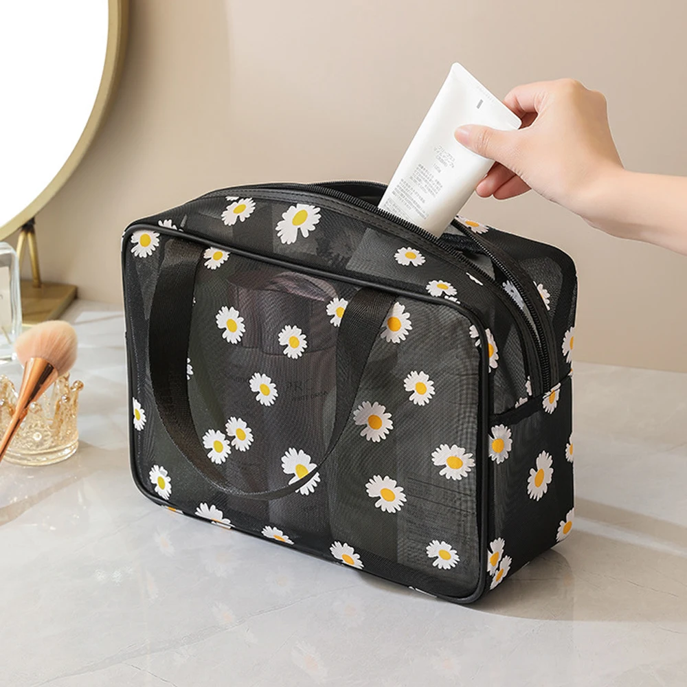 Small Daisy Mesh Large-Capacity Makeup Bag, Beach Travel Skincare Storage Bag, Portable Toiletry Bag for Women