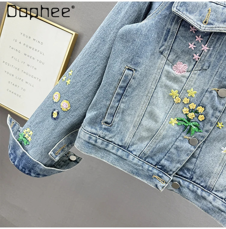 Fashion Retro Embroidered Short Denim Jacket Women Spring 2025 New High Waist Loose Slim Versatile Casual Long-sleeved Jean Top