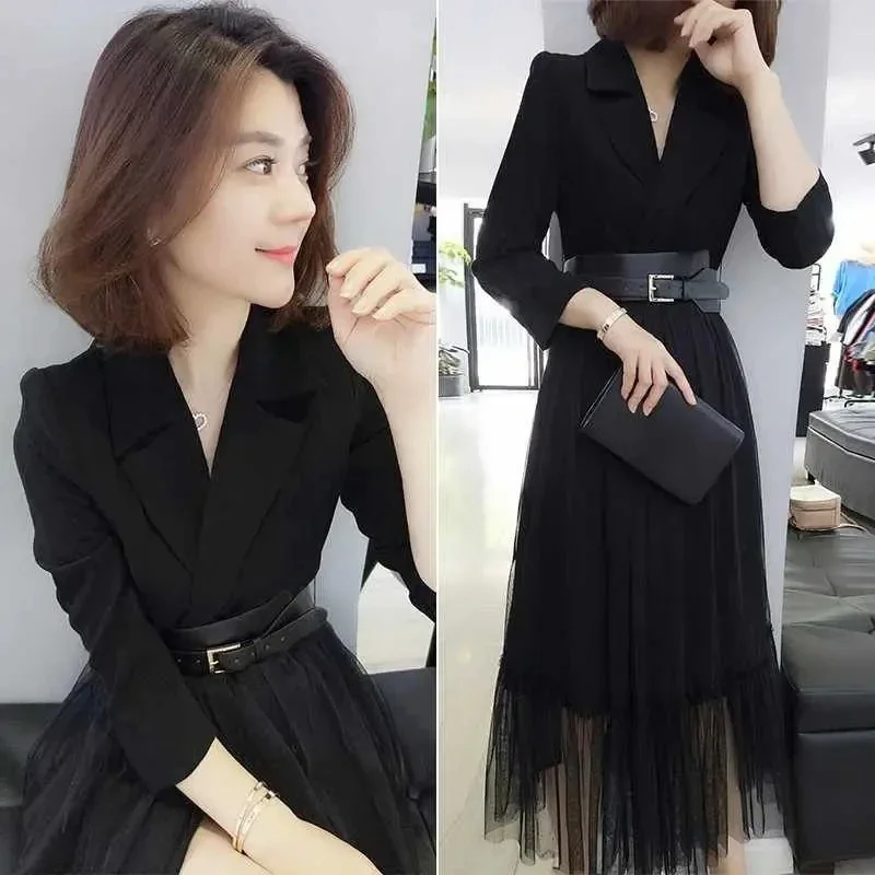 2020 Black Notch Collar Without Belt Mesh Overlay Wrap Dress Women Autumn A Line Long Sleeve High Waist Glamorous Long Dresses