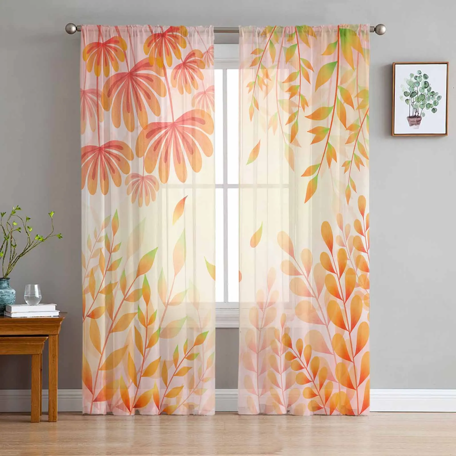 Thanksgiving Autumn Plant Leaves Shrubs Gradual Sheer Curtains for Living Room Modern Decor Tulle Curtain Bedroom Voile Drapes