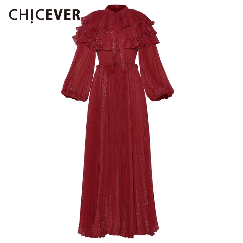 

CHICEVER Solid Spliced Ruffles Dress Female O Neck Long Sleeve Loose Elegant Literary Women's Dresses Autumn Fashion New Style