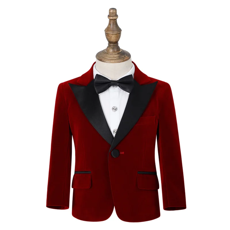 Teen Boys Velvet Tuxedo Blazer Red Formal Dinner Jacket with Black Satin Lapel Kids Wedding Party Stage Performance Coat 2-14Y