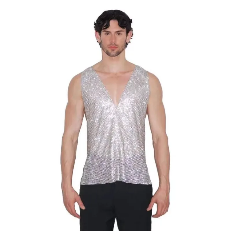 

Silver V Neck Men Tank Top Full Rhinestone Shiny Sleeveless Vest Fashion Versatile Top Nightclub Streetwear Music Festival Party