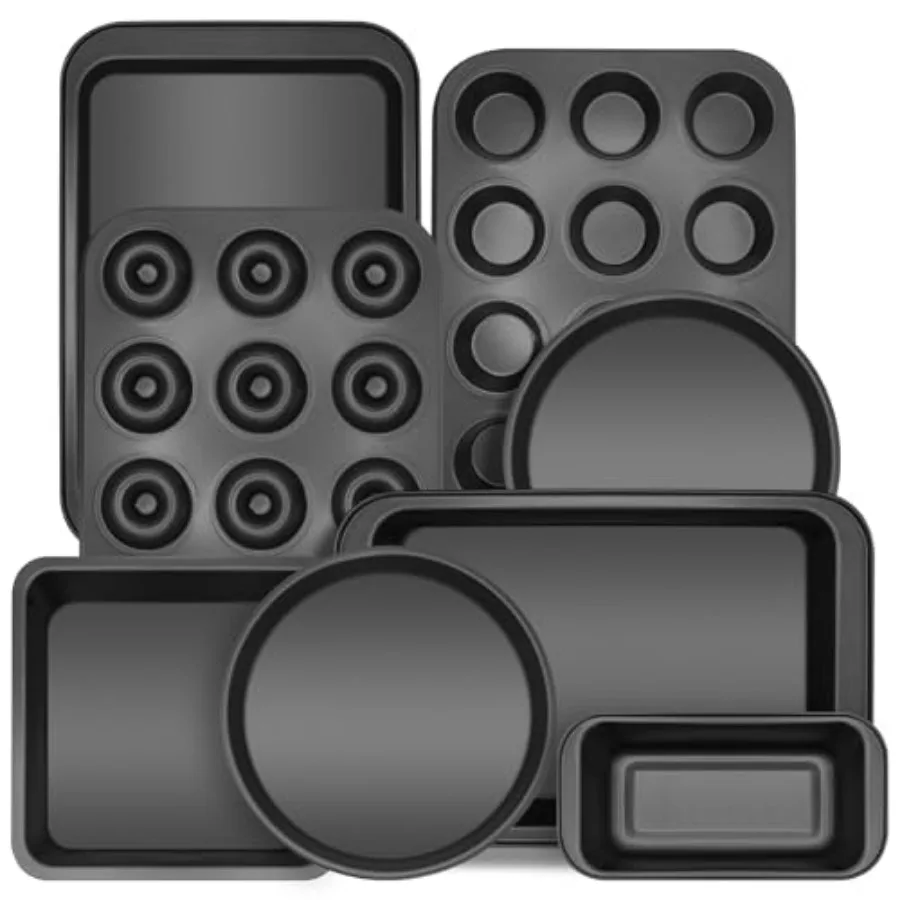 

Bakeware Sets, Nonstick Baking Pans Set 8 Piece Including Donut Pan, 2 Round Cake Pan, Square Cake Pan, Loaf Pan, Muffin Pan, C