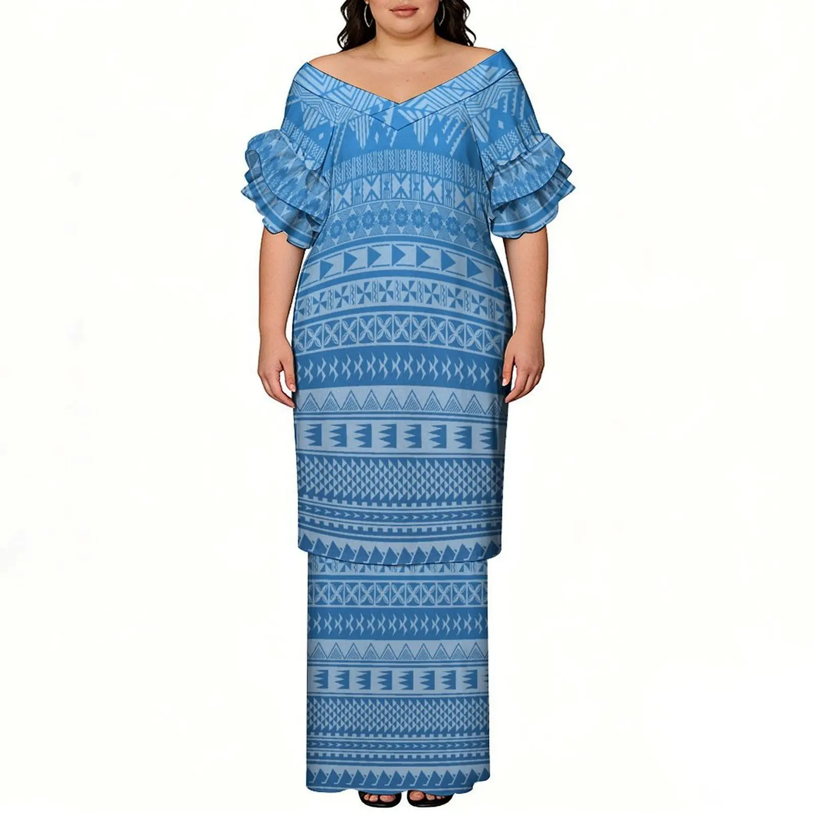 Short-Sleeved Tops And Long Dresses Polynesia Lotus Sleeves Two-Piece  Floor-Length Dress  3d Printed Pattern Puletasi