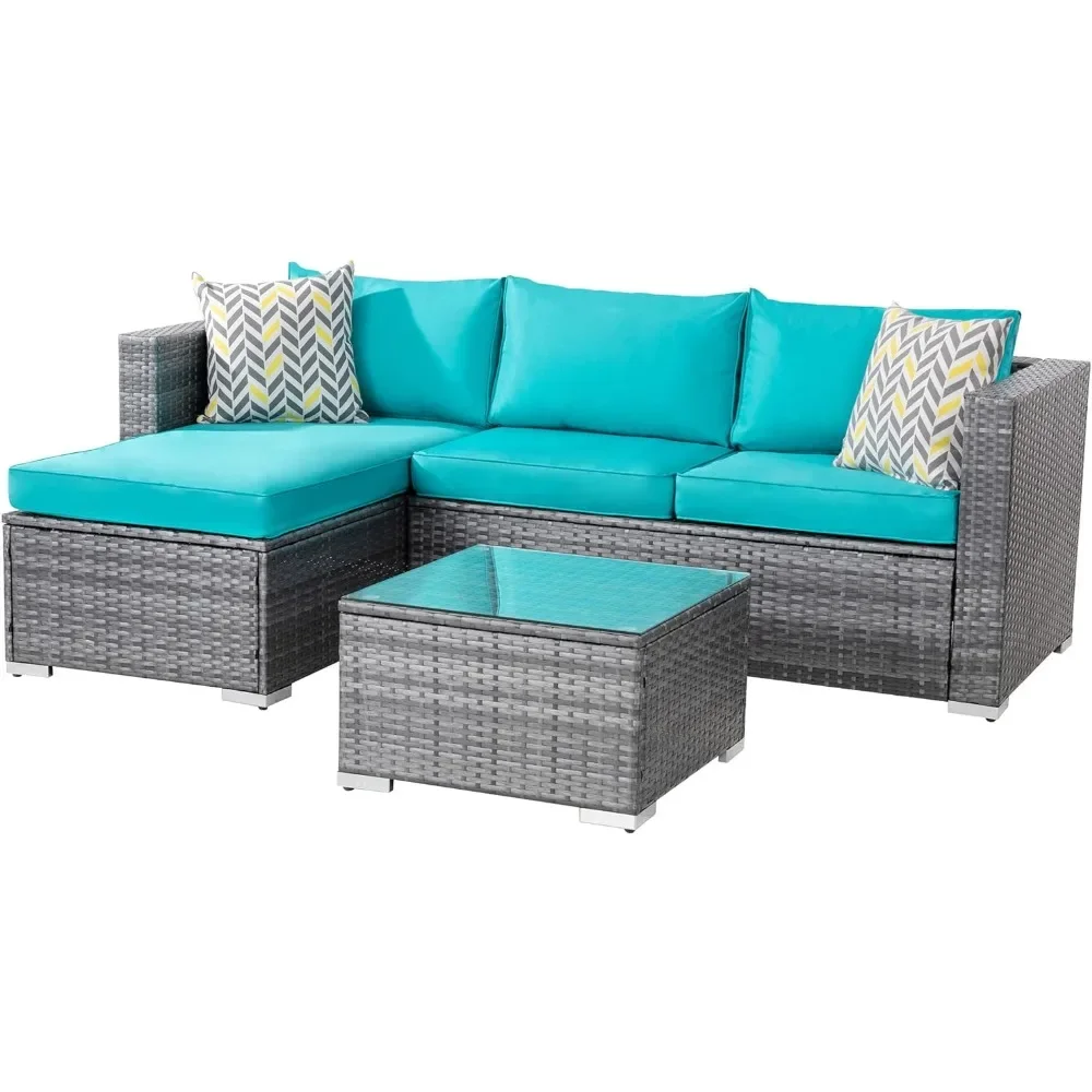 Sofá seccional para exteriores, conjunto de muebles de Patio pequeño con cojines lavables y mesa de vidrio inflable, 3 piezas