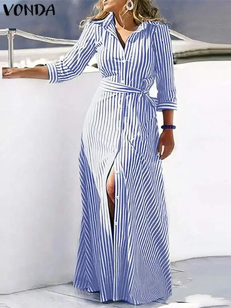 Plus Size 5XL VONDA 2024 Autumn Women Stripe Dress Bohemian Maxi Vestido 3/4 Sleeve Casual Buttons Printed Loose Long Shirt Robe