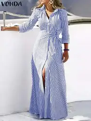 VONDA 2024 Autumn Women Stripe Dress Bohemian Maxi Long Vestidos Lapel 3/4 Sleeve Casual Buttons Printed Loose Shirt Sundress