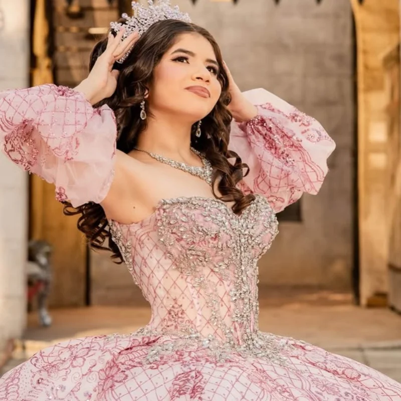

Shiny Pink Quinceanera Dresses Off the Shoulder Glitter Crystal Decal Long tail Big Bow Vestido De 15 Quinceanera Customize