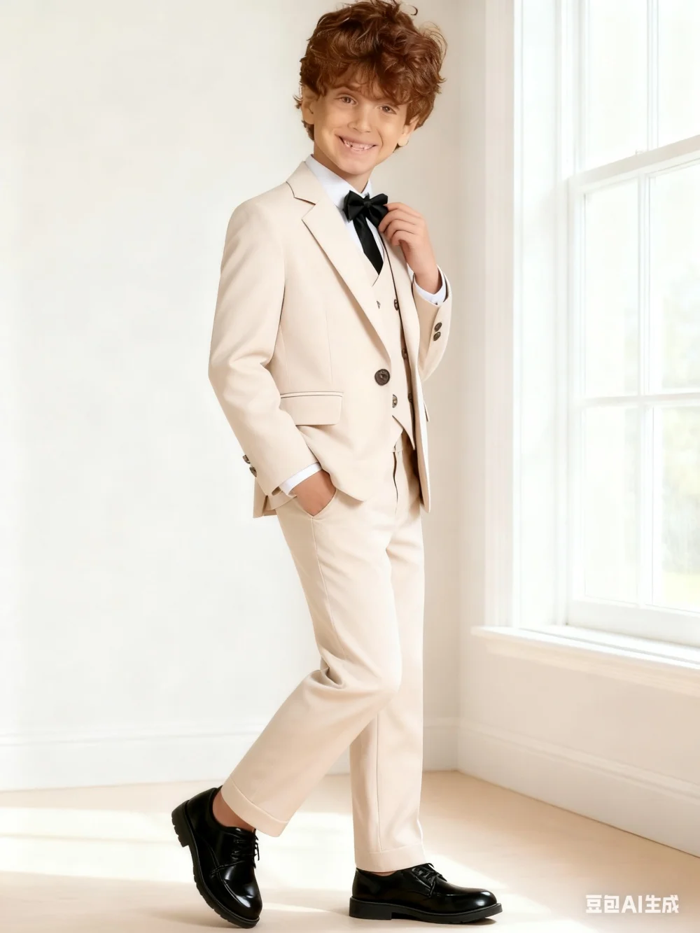 

Kids Beige Gentleman Formal Suit Set New British Style Children's Christmas New Year Performance Party Wedding Costume