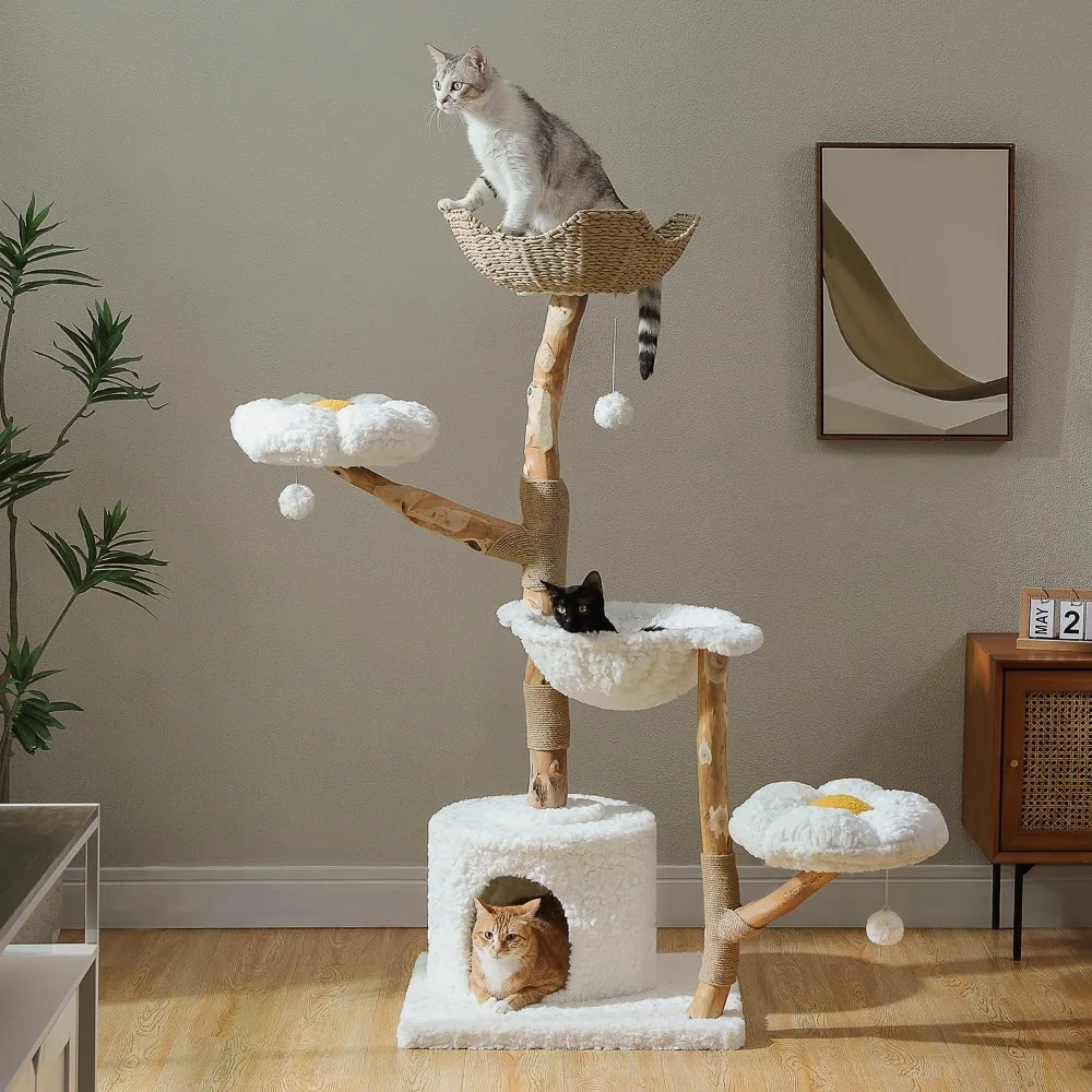 

59" Modern Cat Tree Tower for Large Cats w/2 Flower Perches-Natural Solid Wood Scratching Post with Real Branch-Luxury Boho Cat