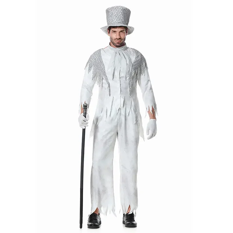 High Quality Halloween White Gghost Corpse Costume Vampire Men Cosplay Demon Costume Bar Party Men Nightclub Stage Costume