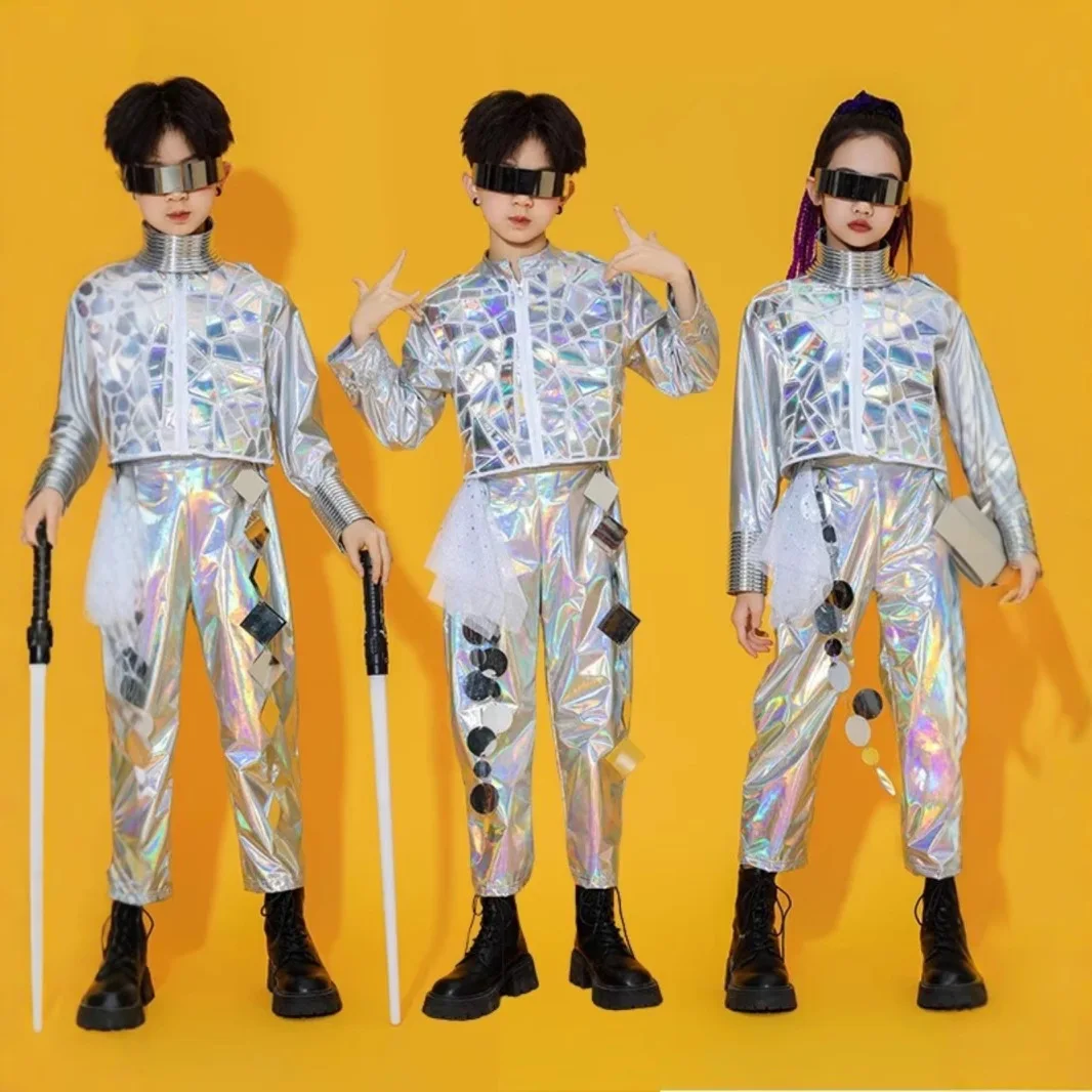 Kids Kpop Outfit Children'S Cheerleading Jazz Dance Costume Girls Boys Laser Suits Ballroom Dance Clothing