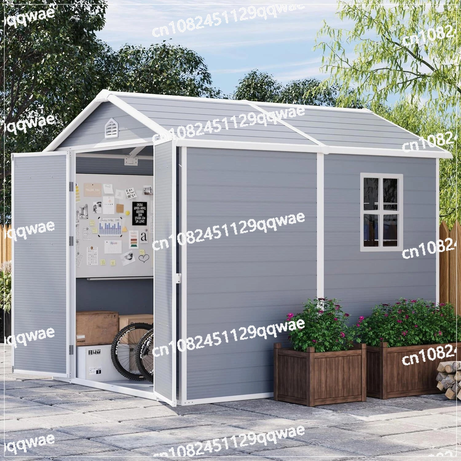 12Ft x 16ft Prefabricated Wooden Storage Shed Galvanized Metal Frame Portable Outdoor Garden Tools Cabin Warehouse Garage