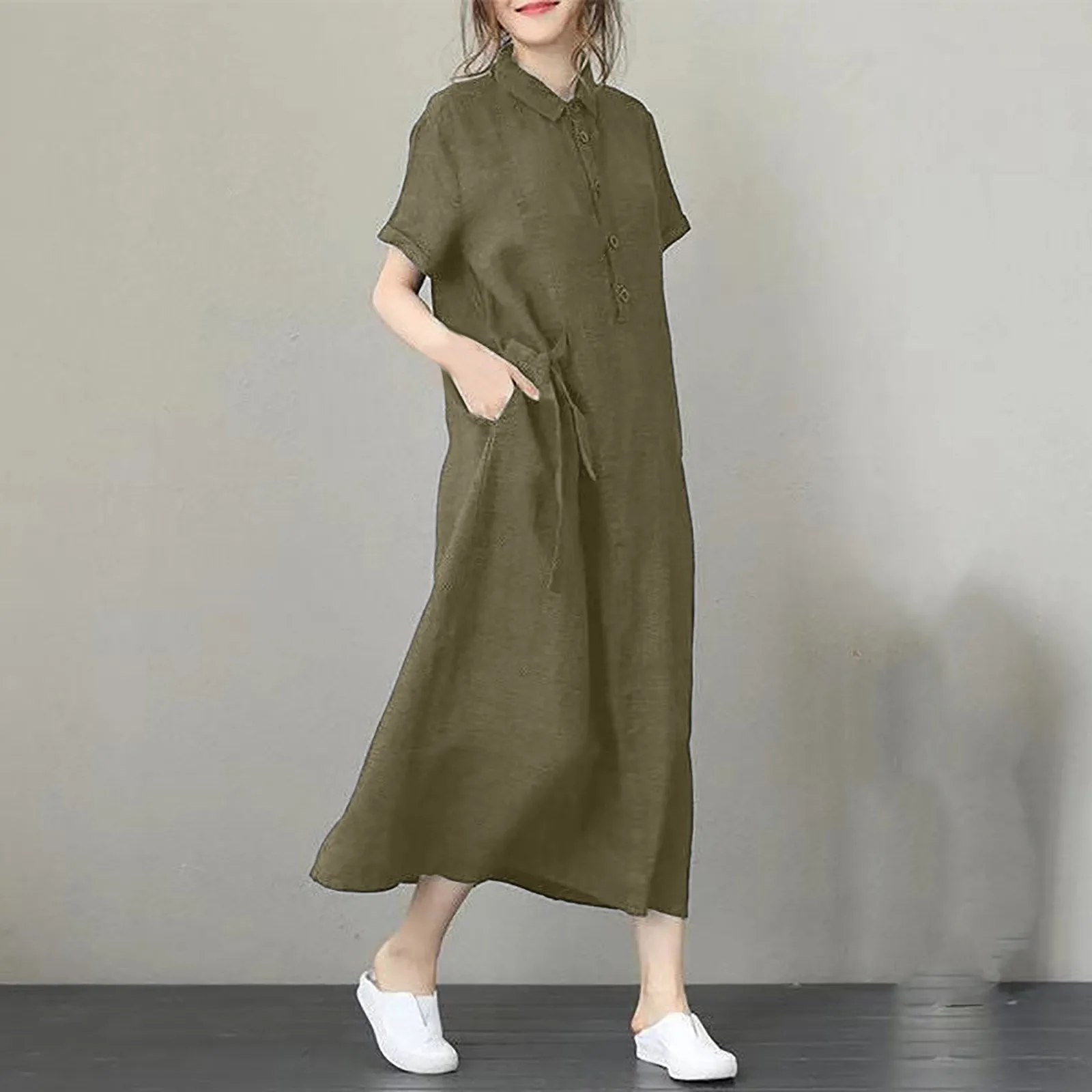 Summer Women\'s Dress 2024 Fashion Lapel Button Short Sleeve Shirt Dress Solid Colour Loose Casual Long Dresses With Pocket