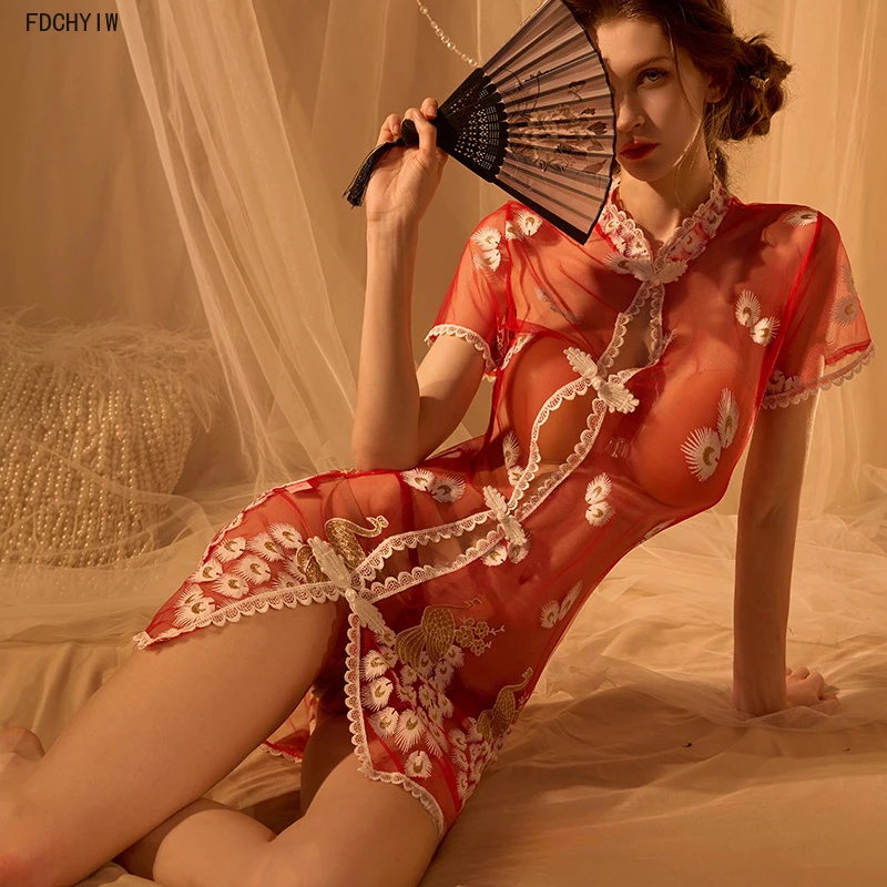 Sexy Chinese Cheongsam Lingerie Skirt Uniform Pure Desire Temptation Passion Perspective Tradition Embroidery Qipao Dress 5color