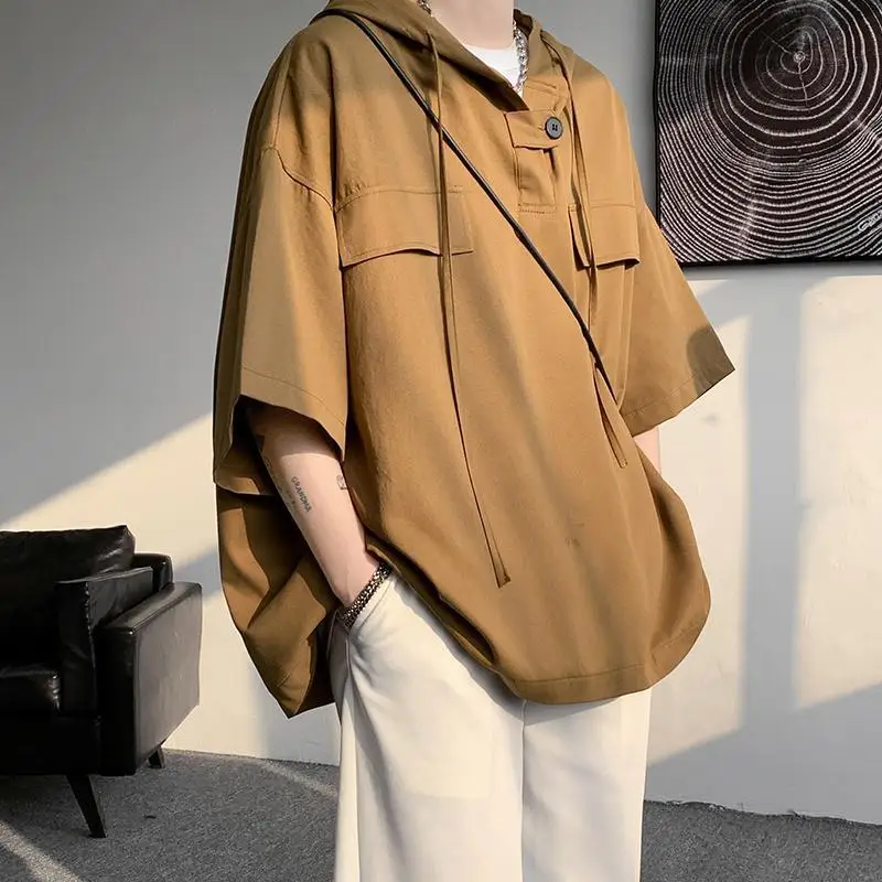 

Khaki Hooded T-shirt Men's Summer Trendy Large-size Short-sleeved Design Niche Oversize Sweatshirt