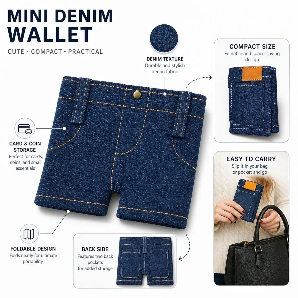 Durable Foldable Denim Shorts Wallet Snap Button Denim Jeans Shaped Wallet Compact Folding Card Holder Storage Compartment view 3