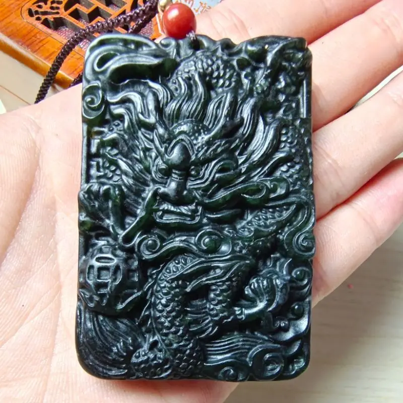 King of Medicine Stone Dragon Feng Pendant Dark Green Jade Prosperity Brought by the Dragon and the Phoenix Necklace Pendant