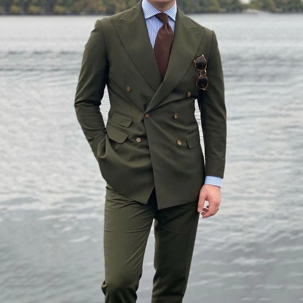 

High Quality Green Suits for Men 2 Pieces Jacket Pants Double Breasted Blazers Sets Slim Fit Male Business Banquet Clothing