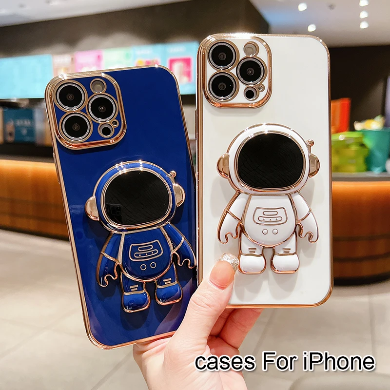 Funda de teléfono con soporte de astronauta galvanizado para IPhone 17 16 15 14 13 12 11 Pro Max SE2/SE3 Xs Xr, cubierta protectora de lente de silicona