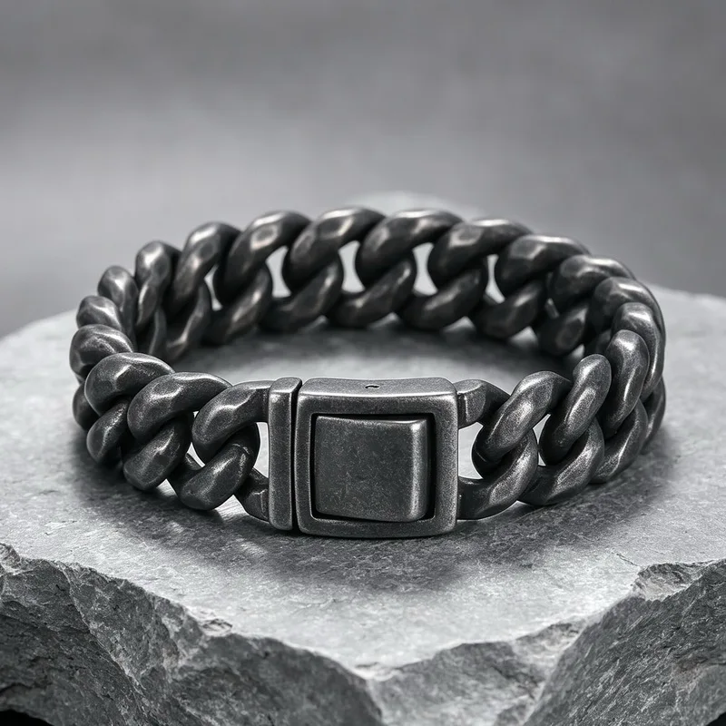 Stainless Steel Cuban Chain Men's Bracelet Rock Street Trendy Chunky Jewelry Boiled Black Thick Chain Accessories
