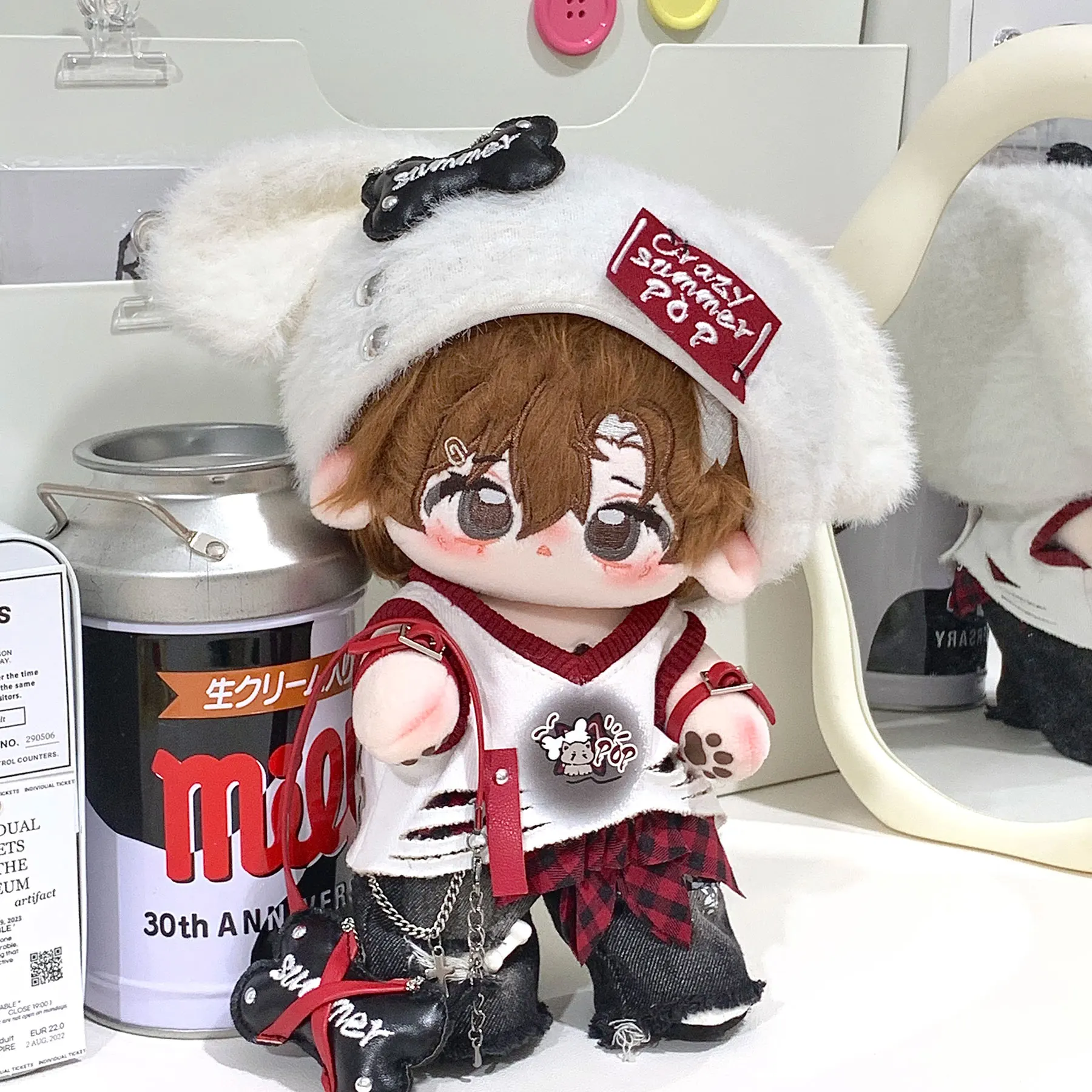 

20cm Plush Doll Clothes Cool White Hat Printed Vest Pants Bag Shoes Fart Curtain Arm Ring Handsome Set For Doll Accessories Toy