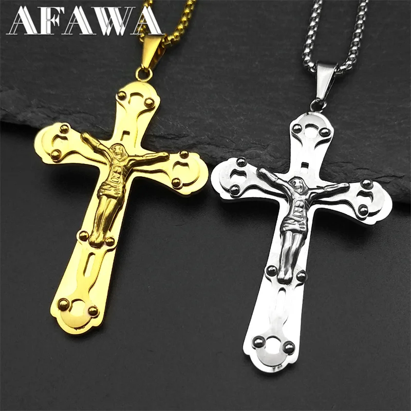 

Catholic Jesus Cross Pendant Necklace for Women Men Stainless Steel Gold Silver Color Crucifix Chain Amulet Jewelry Gift