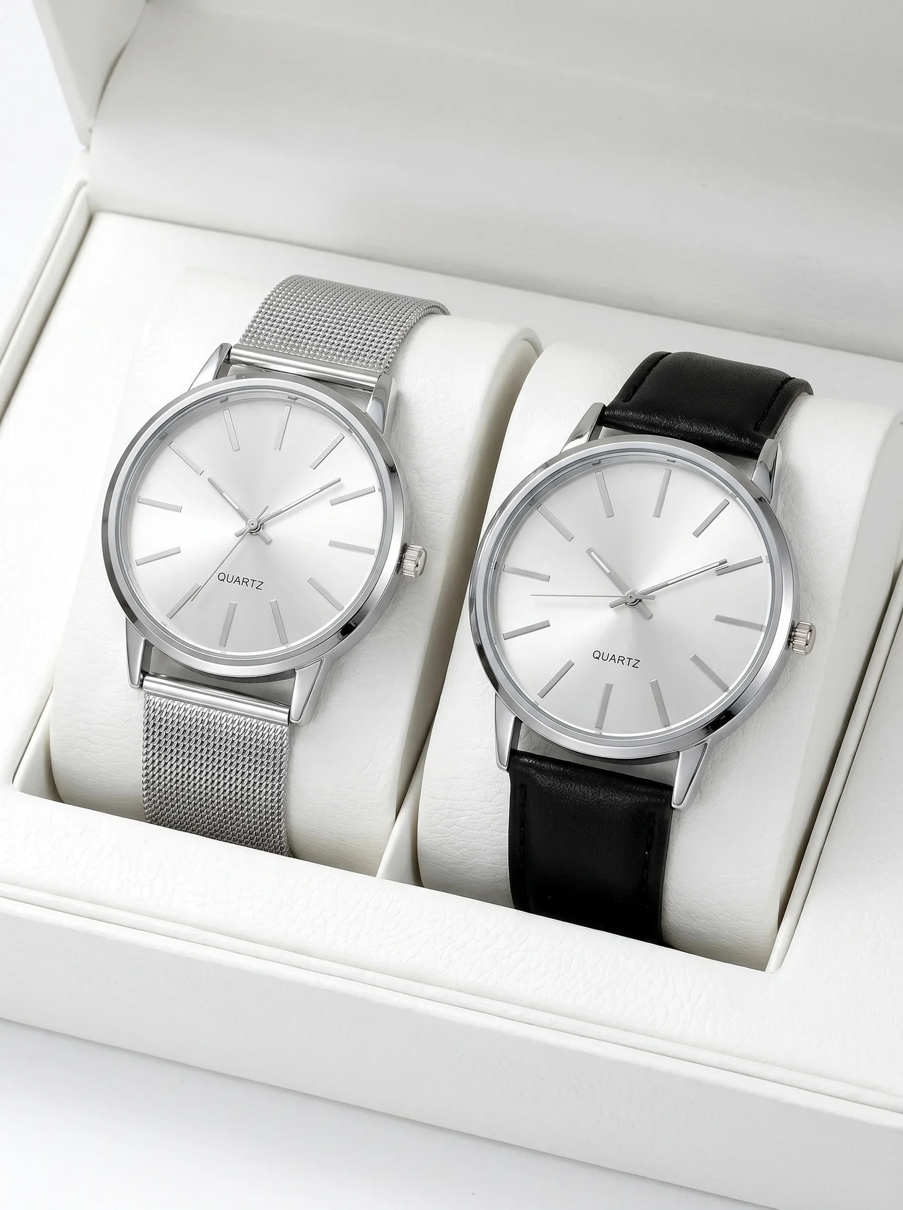 2Pcs Lovers Watch Set Classic Minimal Mesh & Leather Strap Analog Quartz Wristwatch Men Women Fashion Couple Matching Timepieces